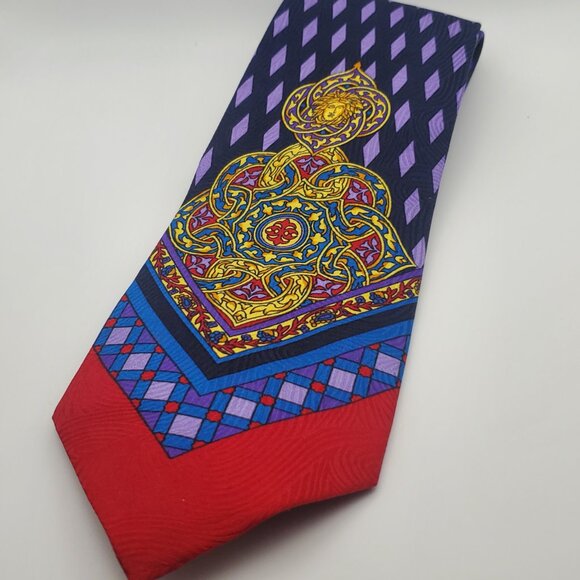 VTG VERSACE Men's Silk Tie Mandala Emblem Design Geometric Pattern Red Blue - Picture 1 of 10